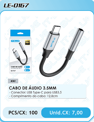 CABO DE ÁUDIO 3.5MM - Conector: USB Type-C para USB3.5 - Comprimento do cabo: 12,8cm PCS/CX: 100 Unid.CX: 7,00